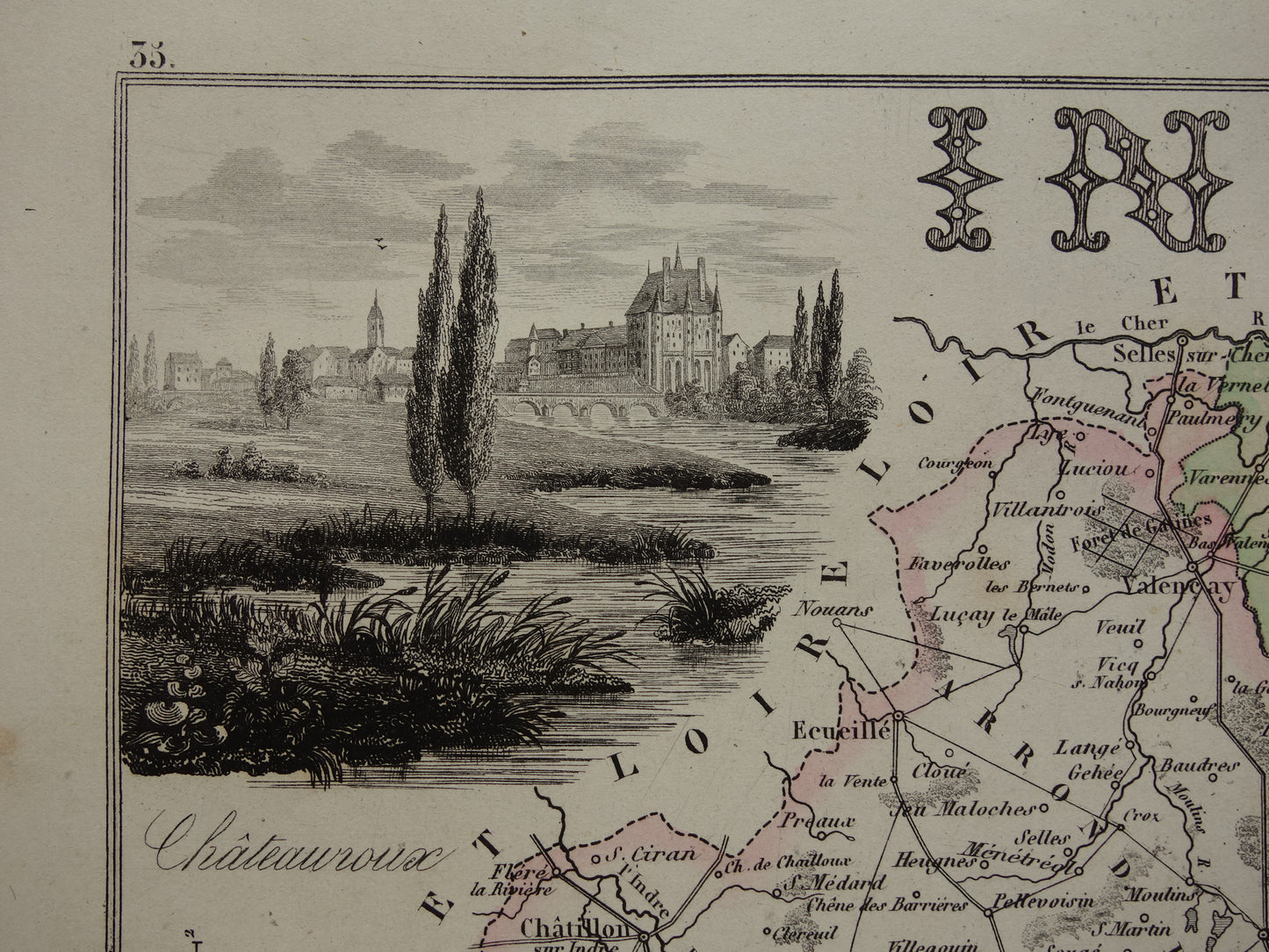 Old map of Indre department in France from 1856 original antique hand-colored map