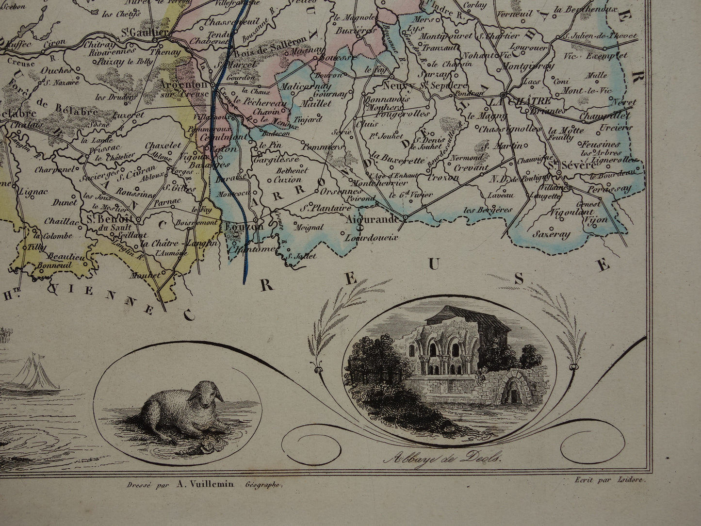 Old map of Indre department in France from 1856 original antique hand-colored map