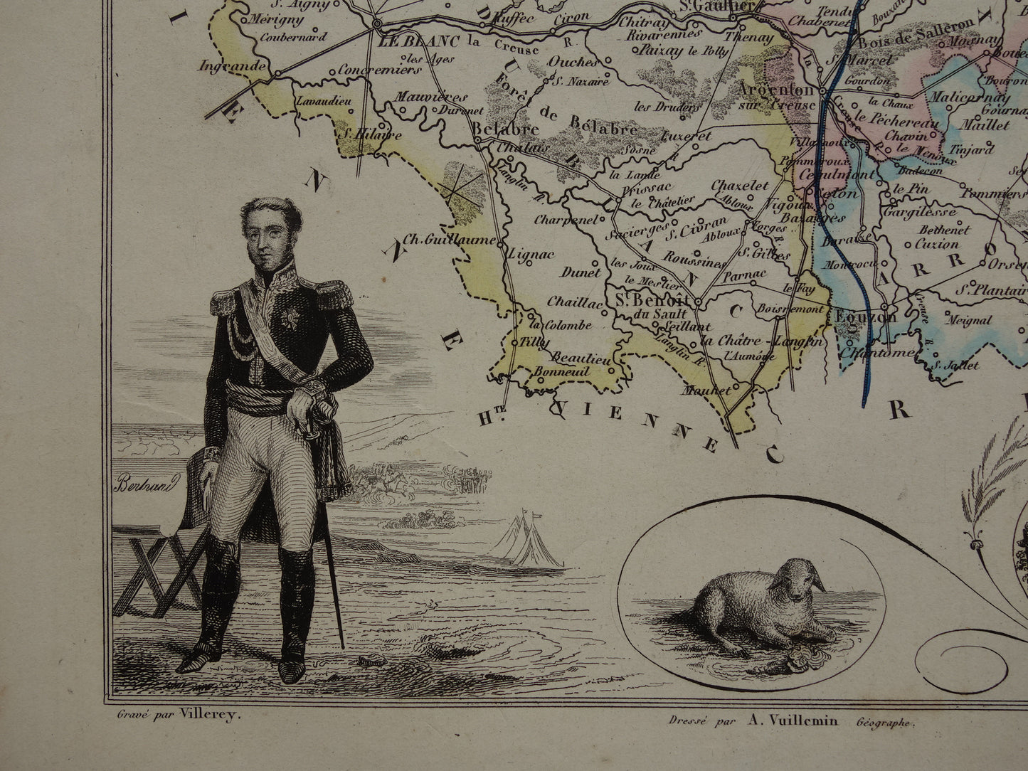 Old map of Indre department in France from 1856 original antique hand-colored map