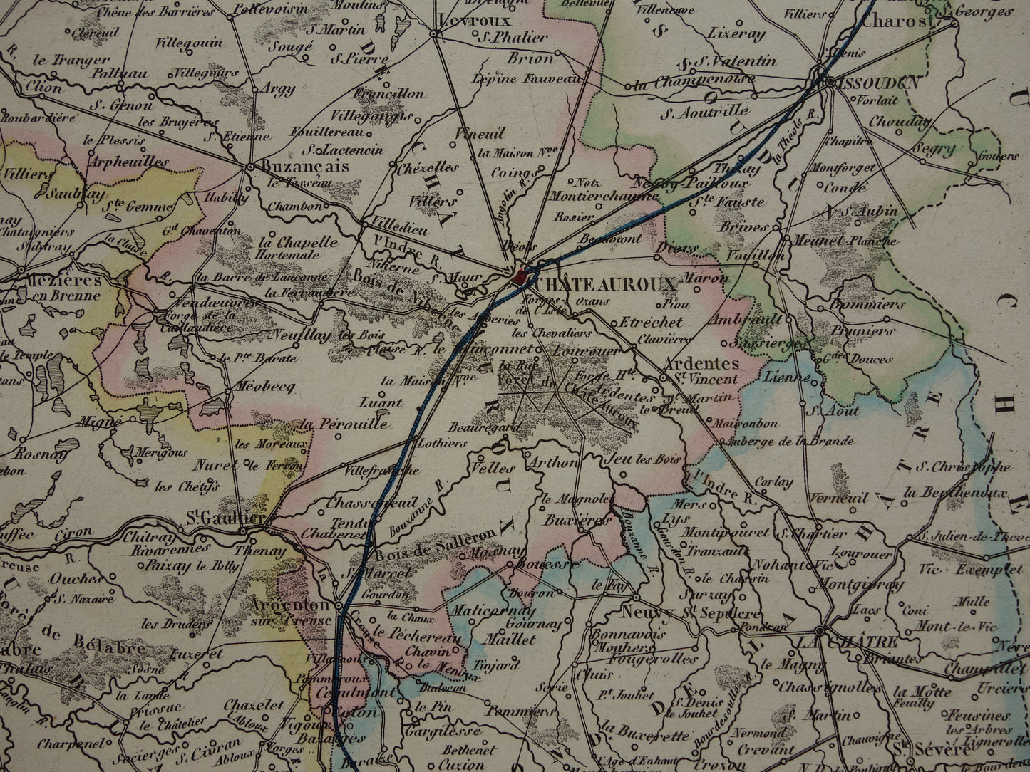 Old map of Indre department in France from 1856 original antique hand-colored map
