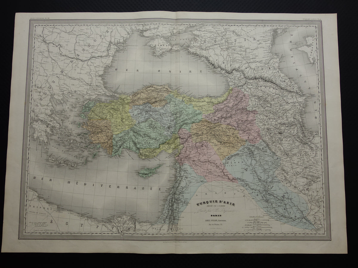 TURKIJE Grote oude landkaart uit 1880 van Asia Minor Turkse Rijk in Azië handgekleurde Franse antieke kaart