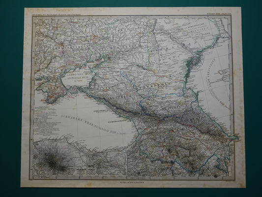 Oude landkaart van de Kaukasus originele antieke kaart Georgië Azerbeidzjan Armenië Krim Tbilisi Bakoe Ararat vintage poster