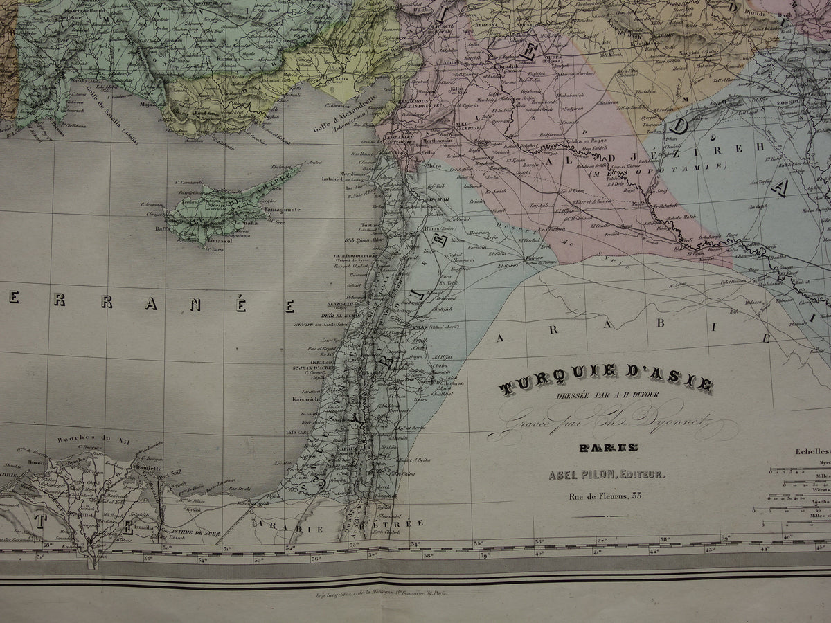 TURKIJE Grote oude landkaart uit 1880 van Asia Minor Turkse Rijk in Azië handgekleurde Franse antieke kaart