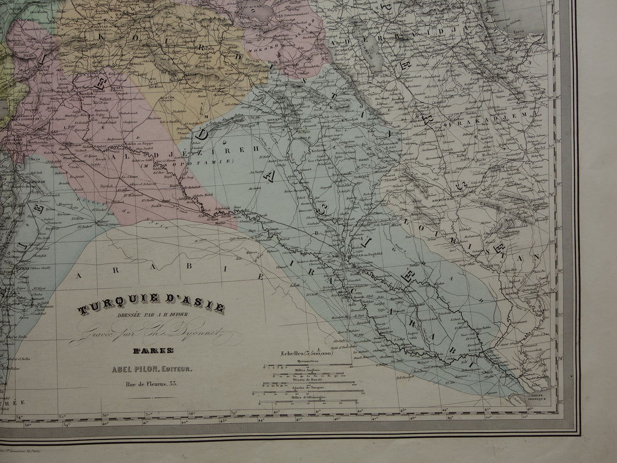 TURKIJE Grote oude landkaart uit 1880 van Asia Minor Turkse Rijk in Azië handgekleurde Franse antieke kaart