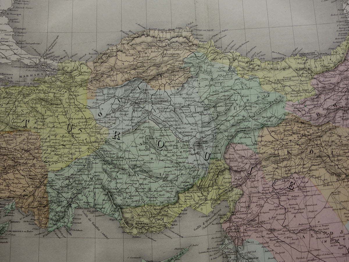 TURKIJE Grote oude landkaart uit 1880 van Asia Minor Turkse Rijk in Azië handgekleurde Franse antieke kaart