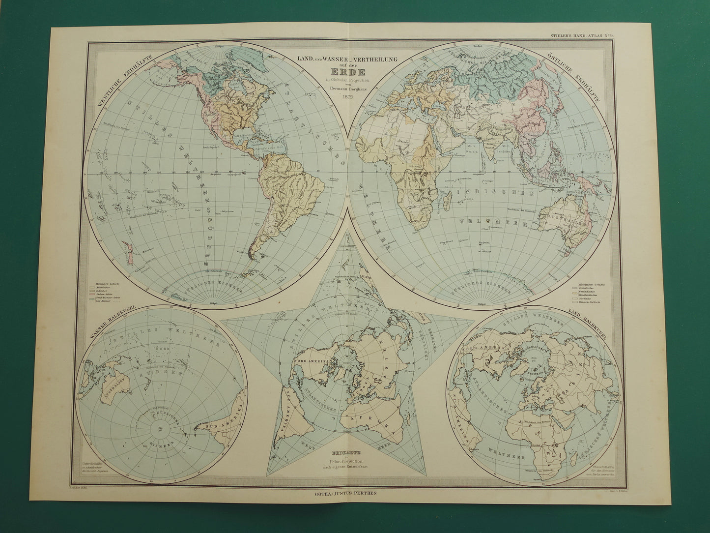 Antique WORLD MAP large old map of the World 1879 with double hemisphere original vintage map oceans largest land mass with date