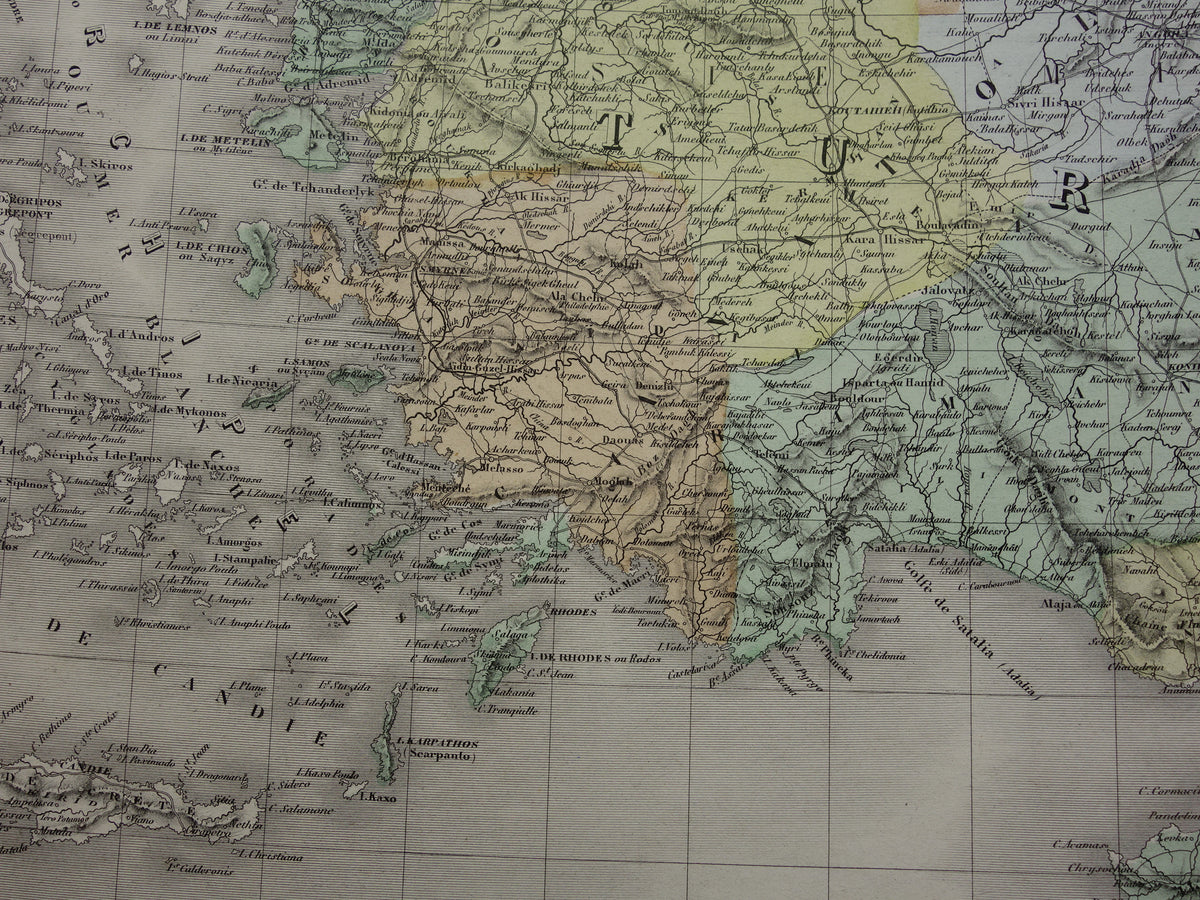 TURKIJE Grote oude landkaart uit 1880 van Asia Minor Turkse Rijk in Azië handgekleurde Franse antieke kaart