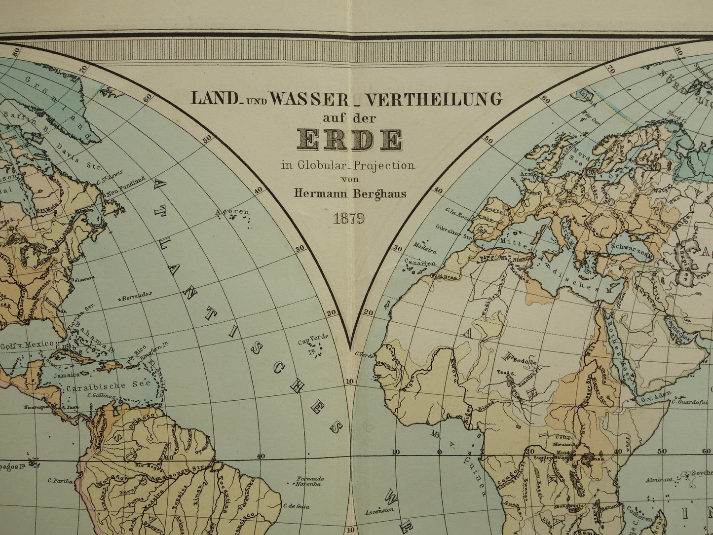 Antique WORLD MAP large old map of the World 1879 with double hemisphere original vintage map oceans largest land mass with date