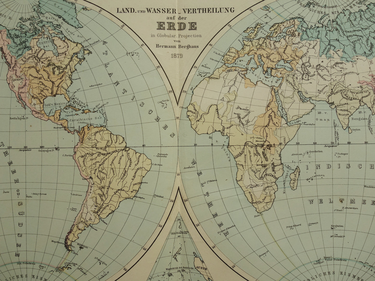 Antique WORLD MAP large old map of the World 1879 with double hemisphere original vintage map oceans largest land mass with date