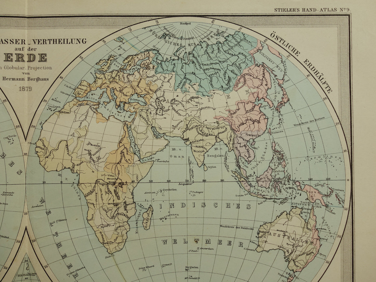 Antique WORLD MAP large old map of the World 1879 with double hemisphere original vintage map oceans largest land mass with date