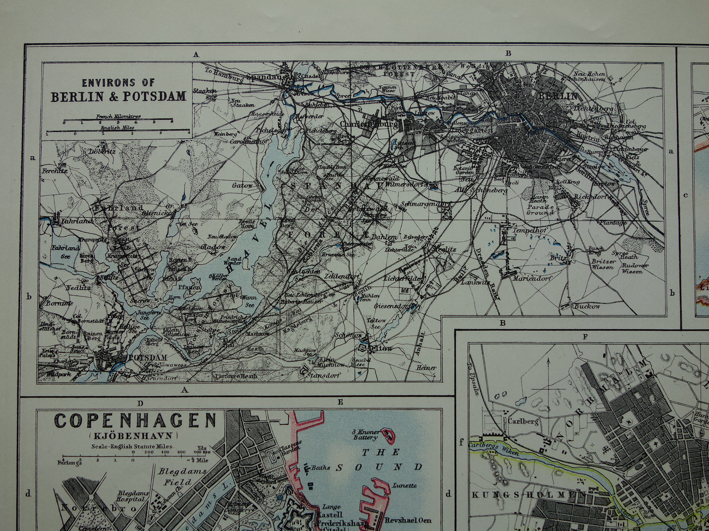 Old map of Stockholm, Copenhagen, Oslo and Berlin from 1901 original antique English map plan