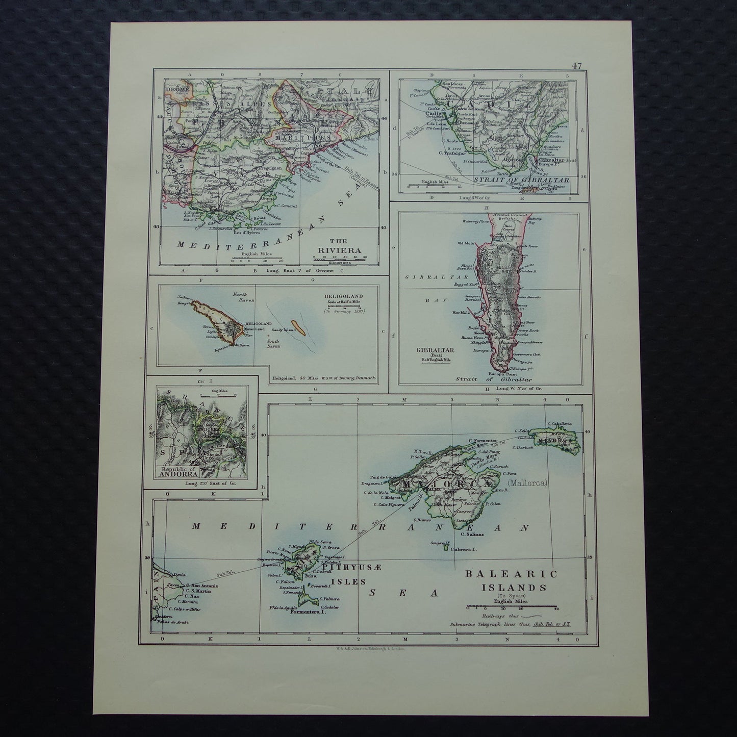 Old map of Gibraltar Mallorca Balearic Islands Ibiza from 1901 original antique English map