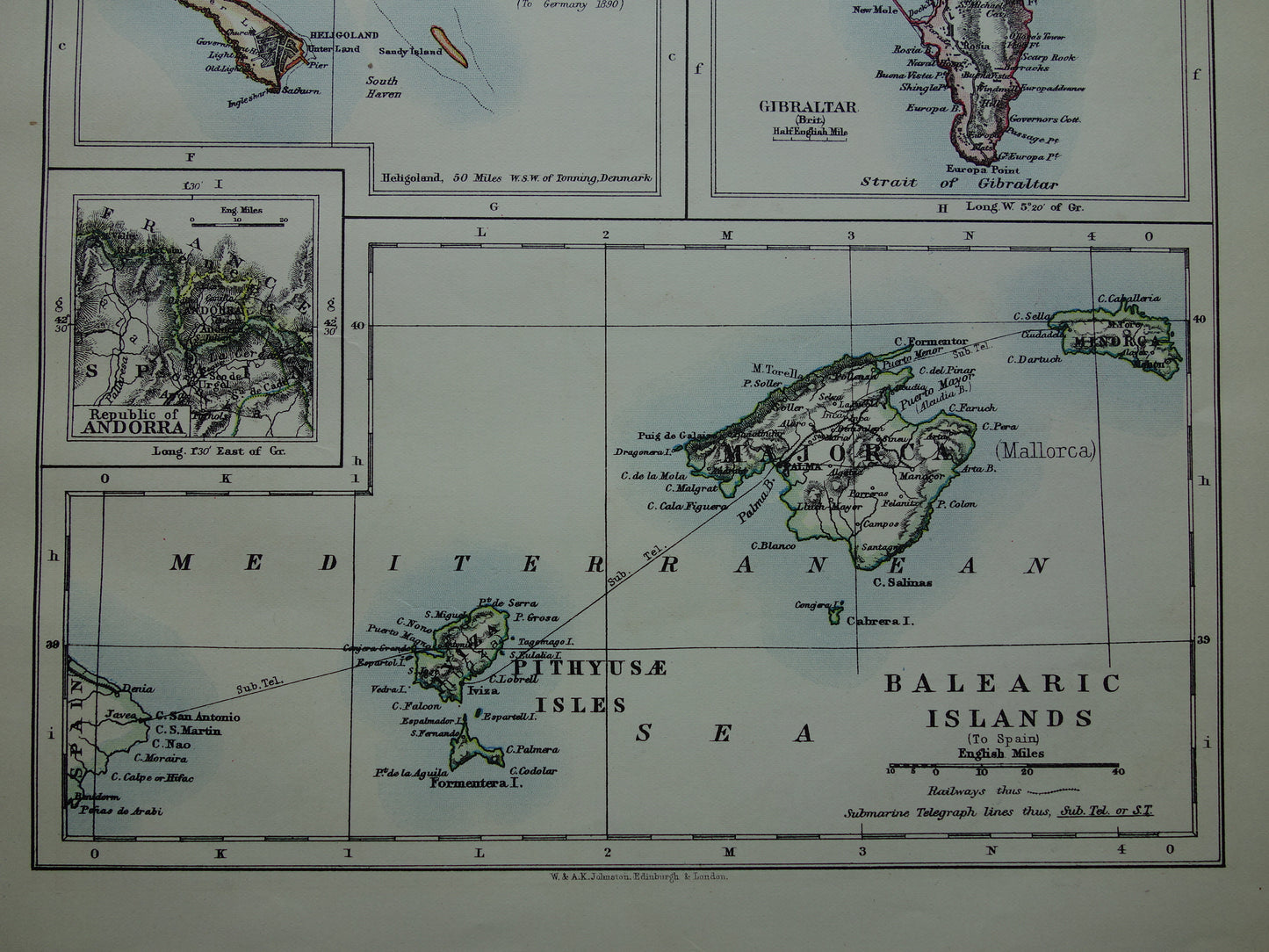 Old map of Gibraltar Mallorca Balearic Islands Ibiza from 1901 original antique English map