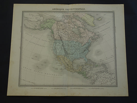 NOORD-AMERIKA Grote oude kaart continent VS Canada Mexico antieke kaart uit 1858 Vintage Franse landkaart