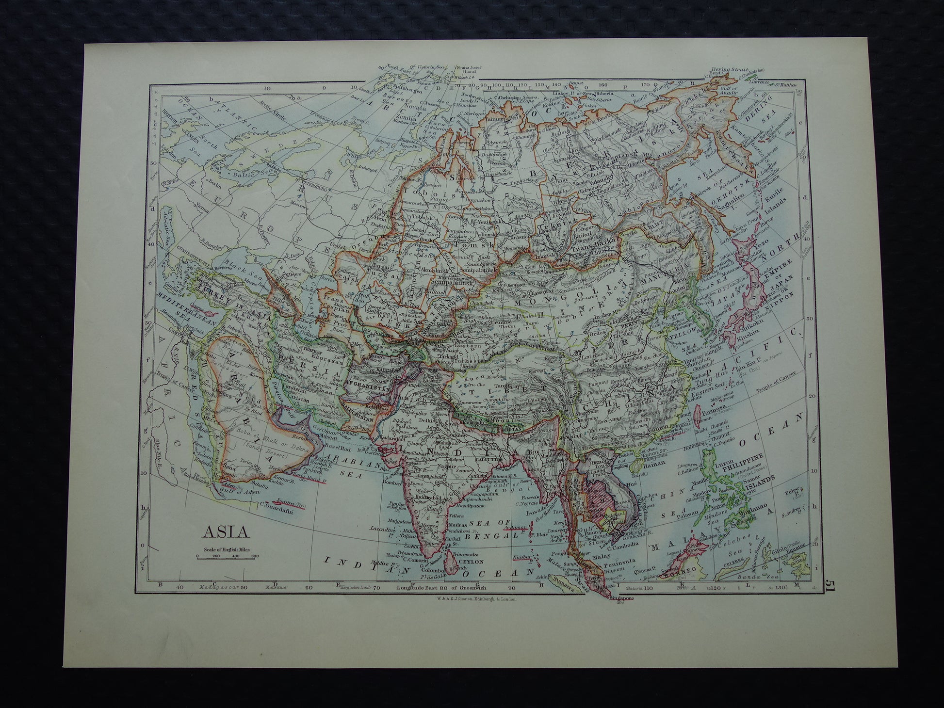 AZIE Oude kaart van Azië uit 1901 originele antieke Engelse landkaart continent Azië
