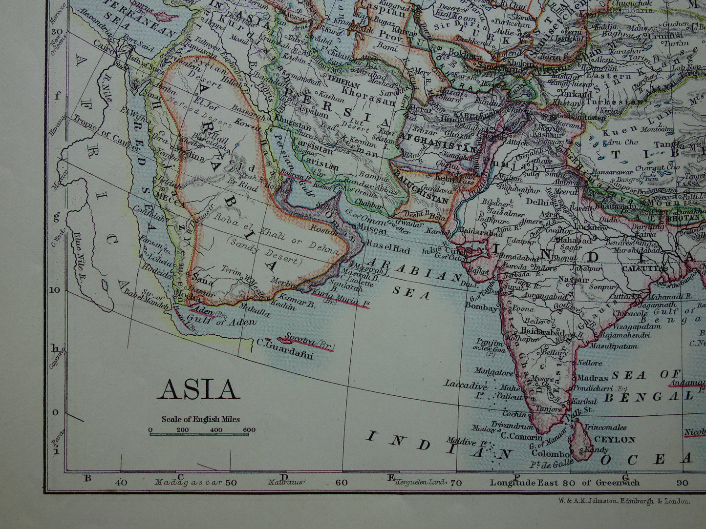 AZIE Oude kaart van Azië uit 1901 originele antieke Engelse landkaart continent Azië