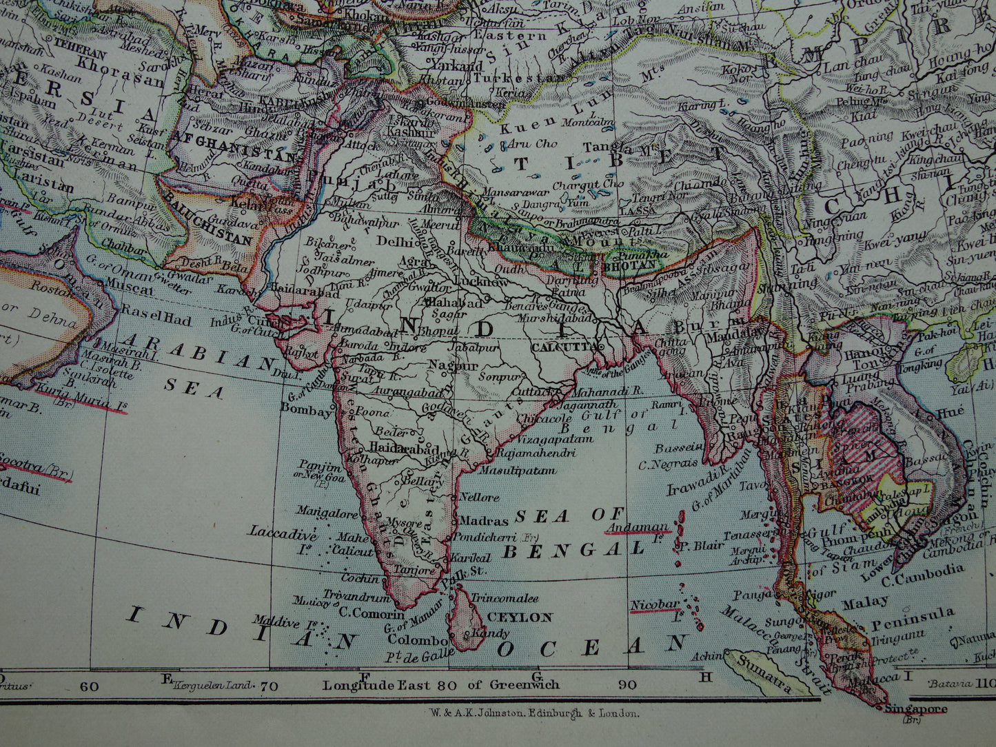 AZIE Oude kaart van Azië uit 1901 originele antieke Engelse landkaart continent Azië