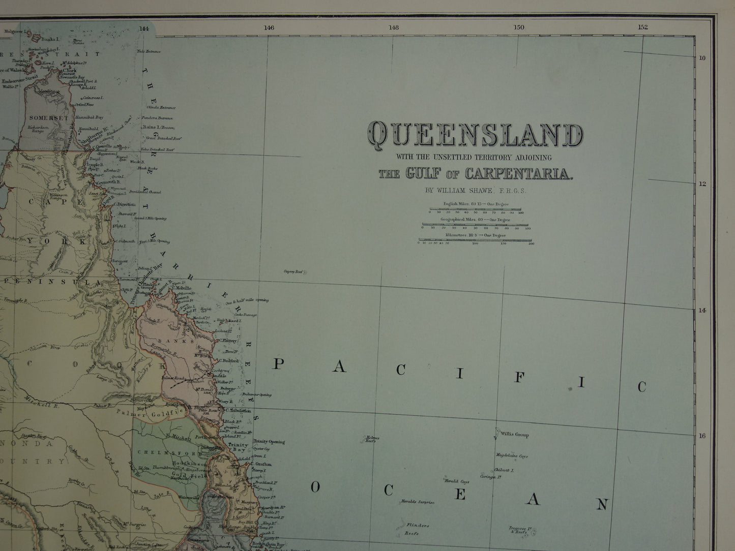 Queensland Australia old map 1890 original antique English map Queensland QLD poster