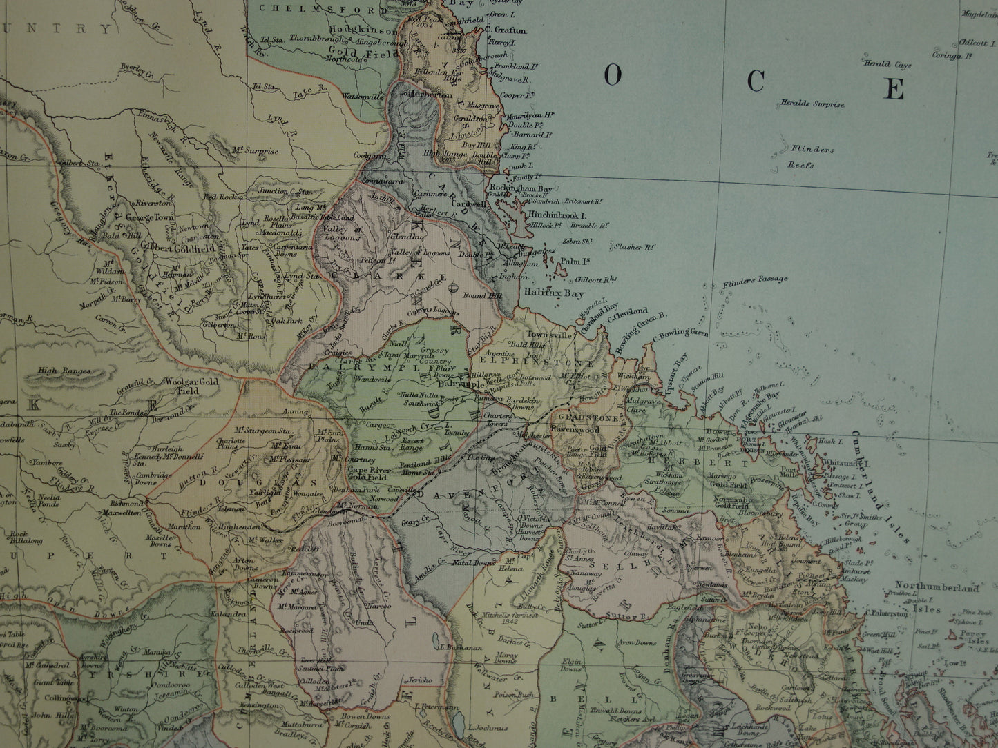 Queensland Australia old map 1890 original antique English map Queensland QLD poster