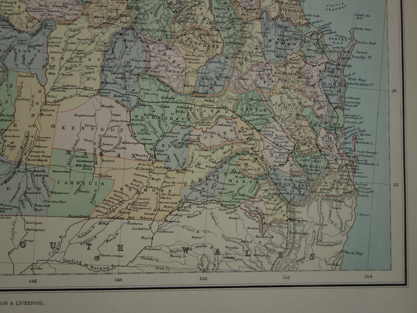 Queensland Australia old map 1890 original antique English map Queensland QLD poster