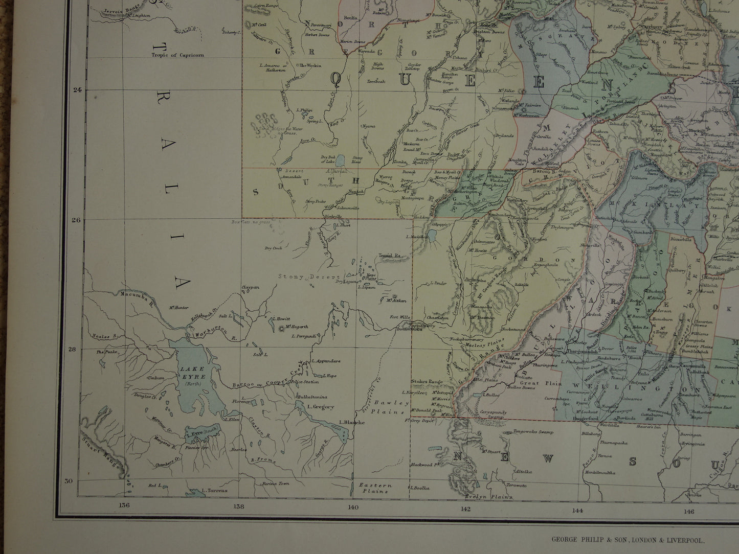Queensland Australia old map 1890 original antique English map Queensland QLD poster
