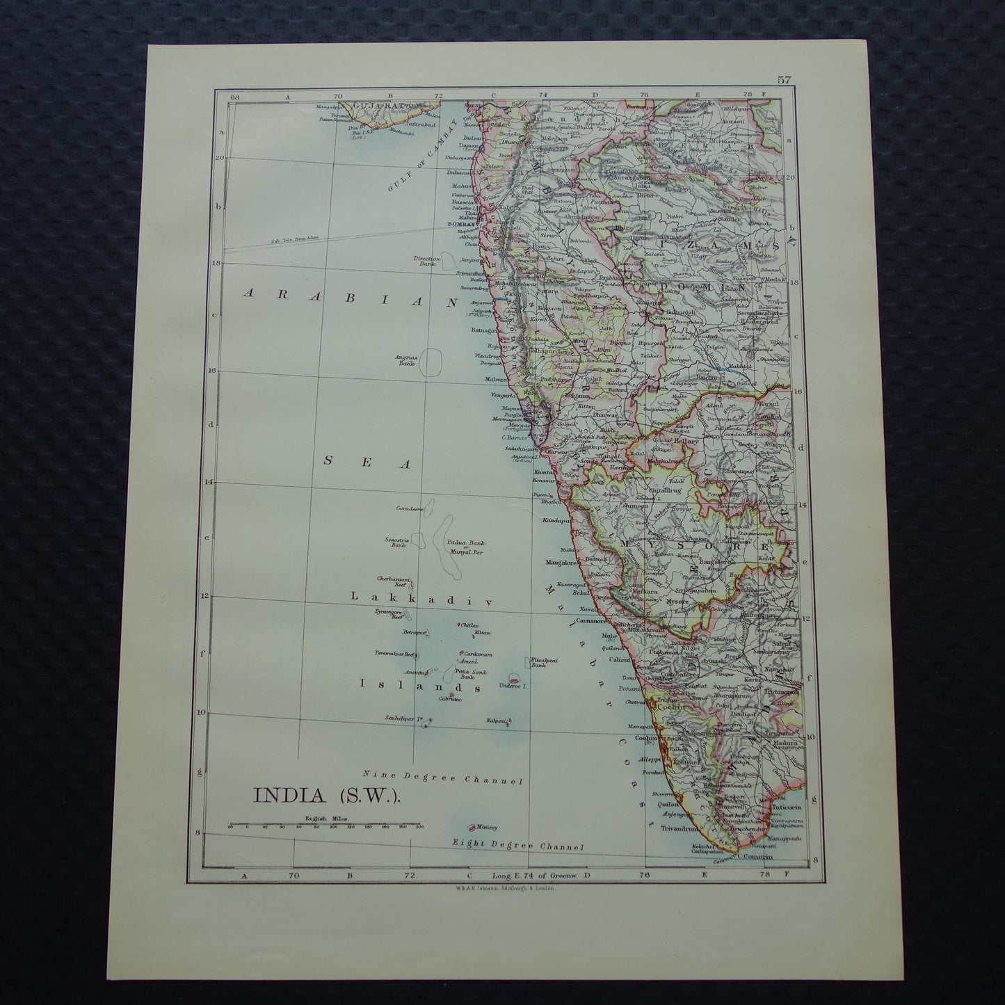 Oude kaart van Zuidwest-India uit 1901 originele antieke Engelse landkaart Lakshadweep Laccadiven