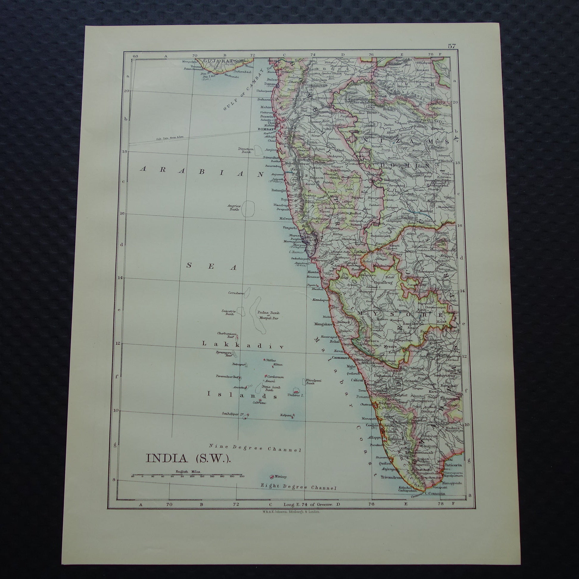 Oude kaart van Zuidwest-India uit 1901 originele antieke Engelse landkaart Lakshadweep Laccadiven