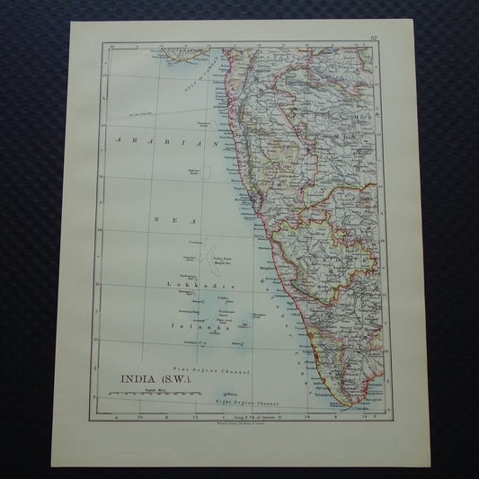 Oude kaart van Zuidwest-India uit 1901 originele antieke Engelse landkaart Lakshadweep Laccadiven
