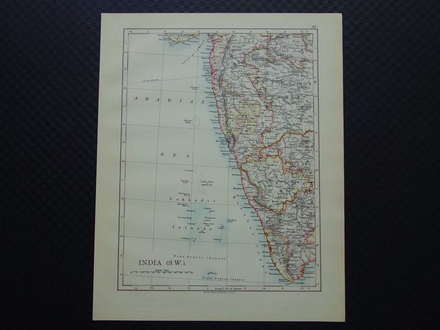 Alte Karte von Südwestindien aus dem Jahr 1901, originale antike englische Karte von Lakshadweep und den Lakkadiven