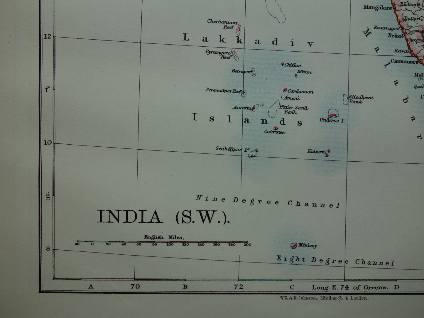 Alte Karte von Südwestindien aus dem Jahr 1901, originale antike englische Karte von Lakshadweep und den Lakkadiven