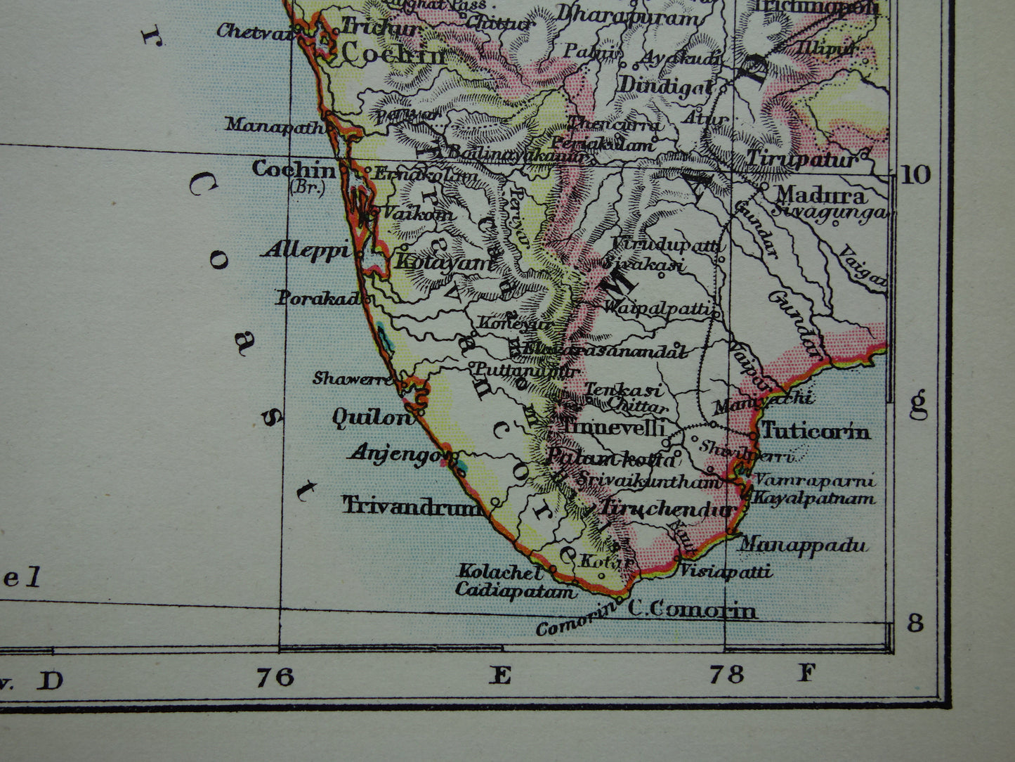 Alte Karte von Südwestindien aus dem Jahr 1901, originale antike englische Karte von Lakshadweep und den Lakkadiven