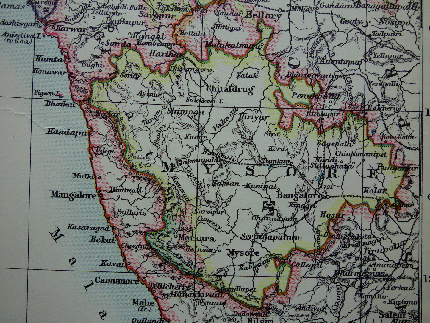 Alte Karte von Südwestindien aus dem Jahr 1901, originale antike englische Karte von Lakshadweep und den Lakkadiven