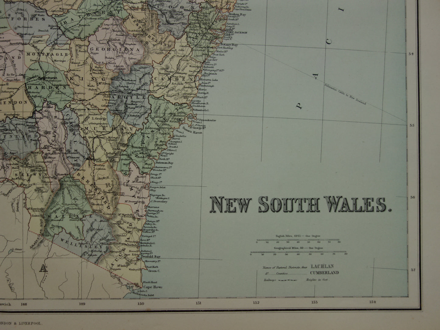 New South Wales Australia old map 1890 original antique English map NSW Sydney poster