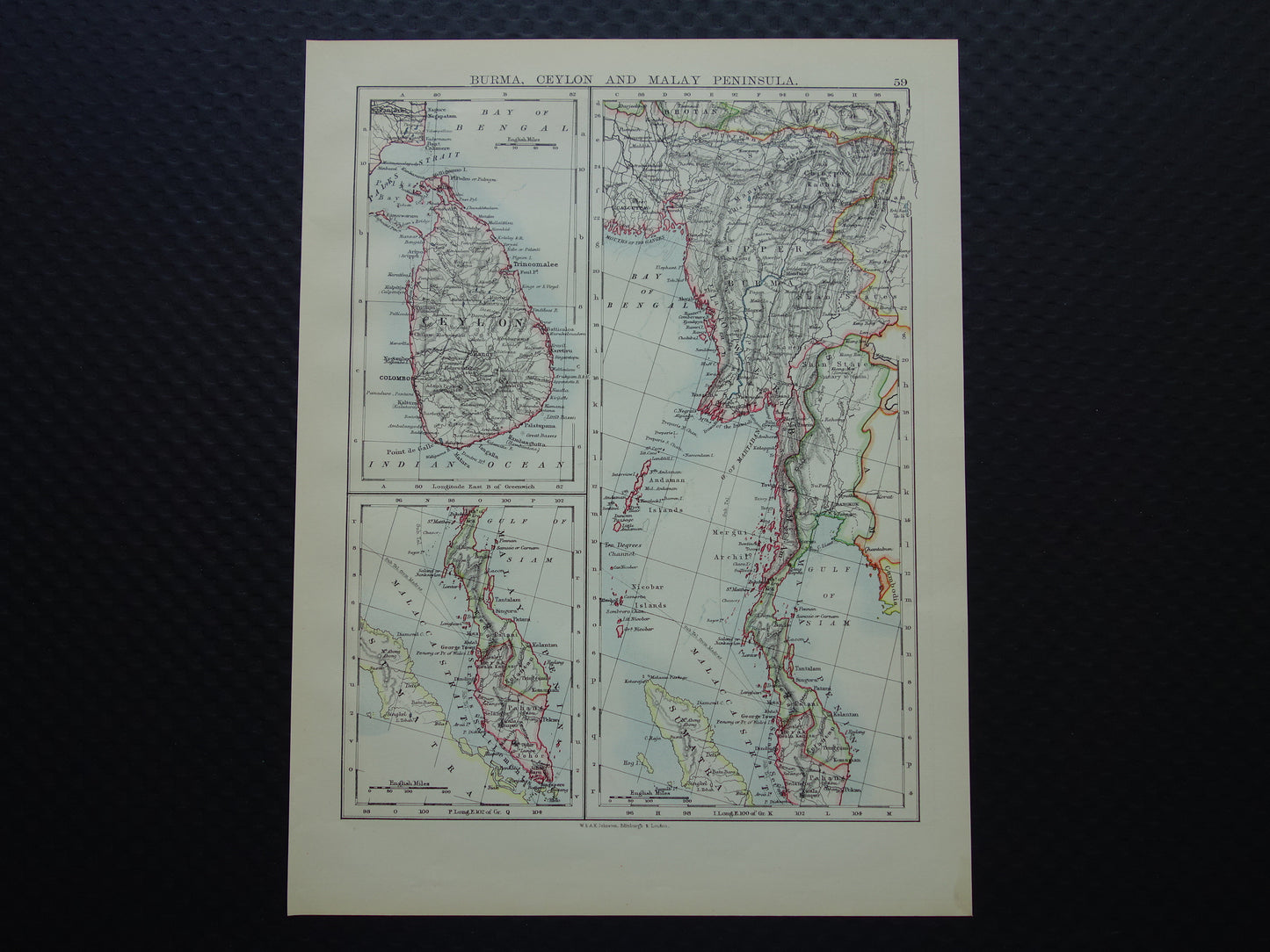 Old map of Myanmar &amp; Sri Lanka from 1901 original antique English map Burma Ceylon Malacca