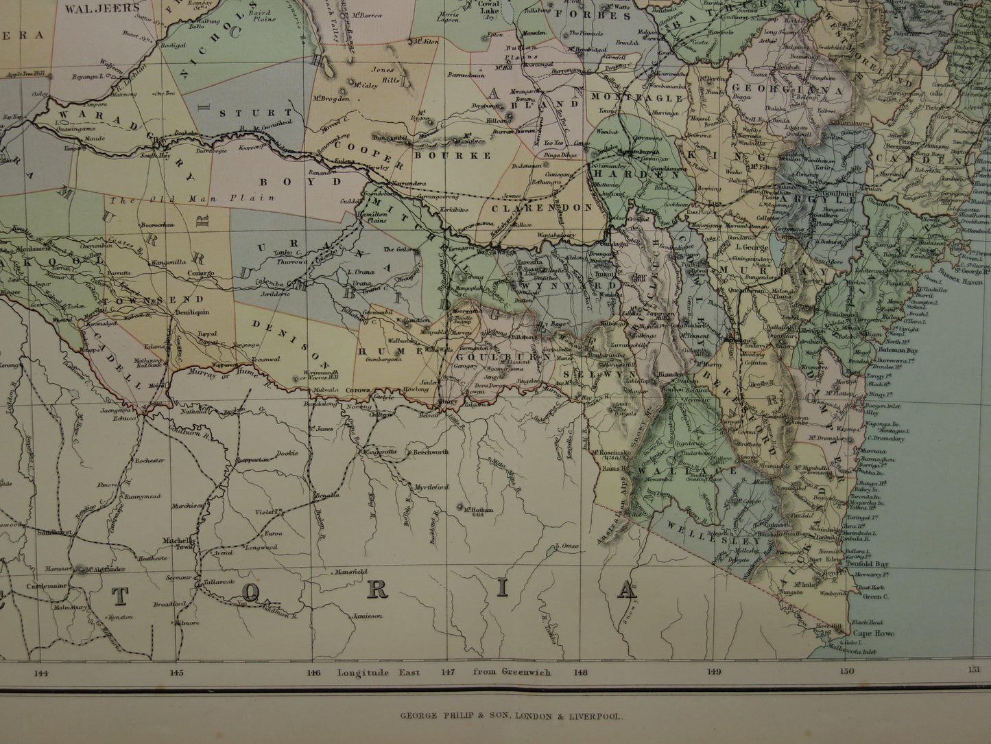 New South Wales Australia old map 1890 original antique English map NSW Sydney poster