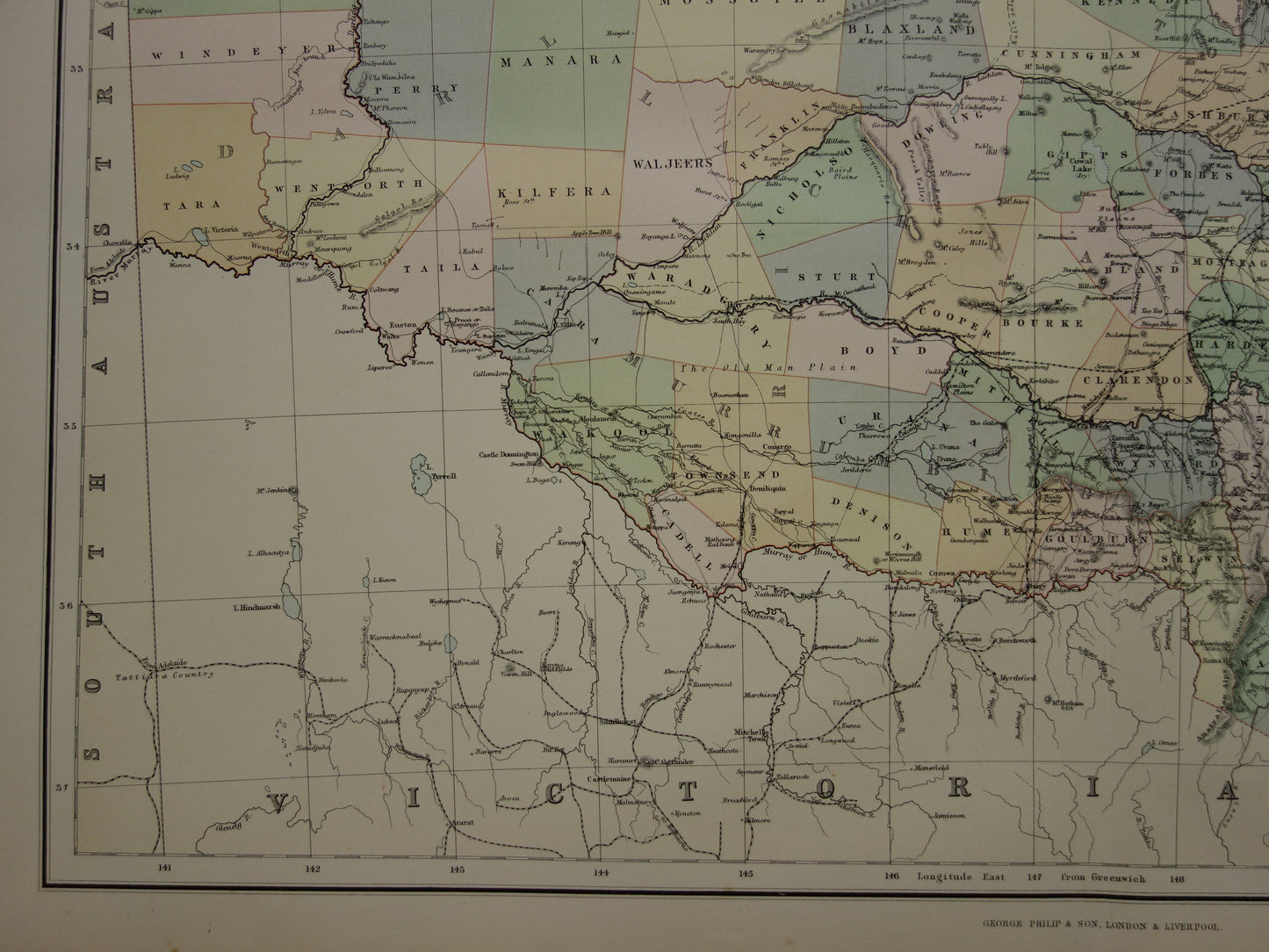 New South Wales Australia old map 1890 original antique English map NSW Sydney poster