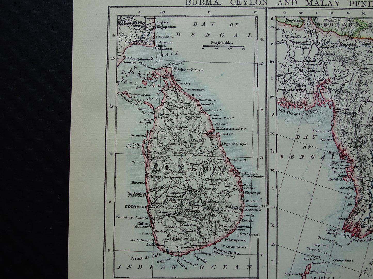 Old map of Myanmar &amp; Sri Lanka from 1901 original antique English map Burma Ceylon Malacca