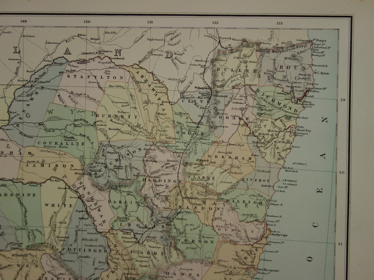 New South Wales Australia old map 1890 original antique English map NSW Sydney poster