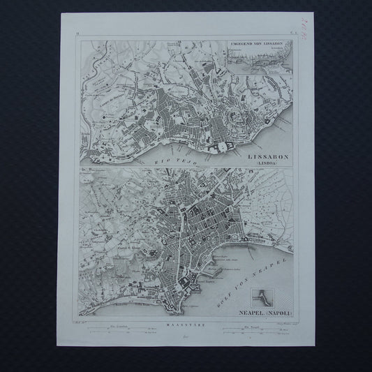 Lissabon en Napels antieke plattegrond 175+ jaar oude kaart van Lisboa Napoli uit 1849 - originele vintage kaarten