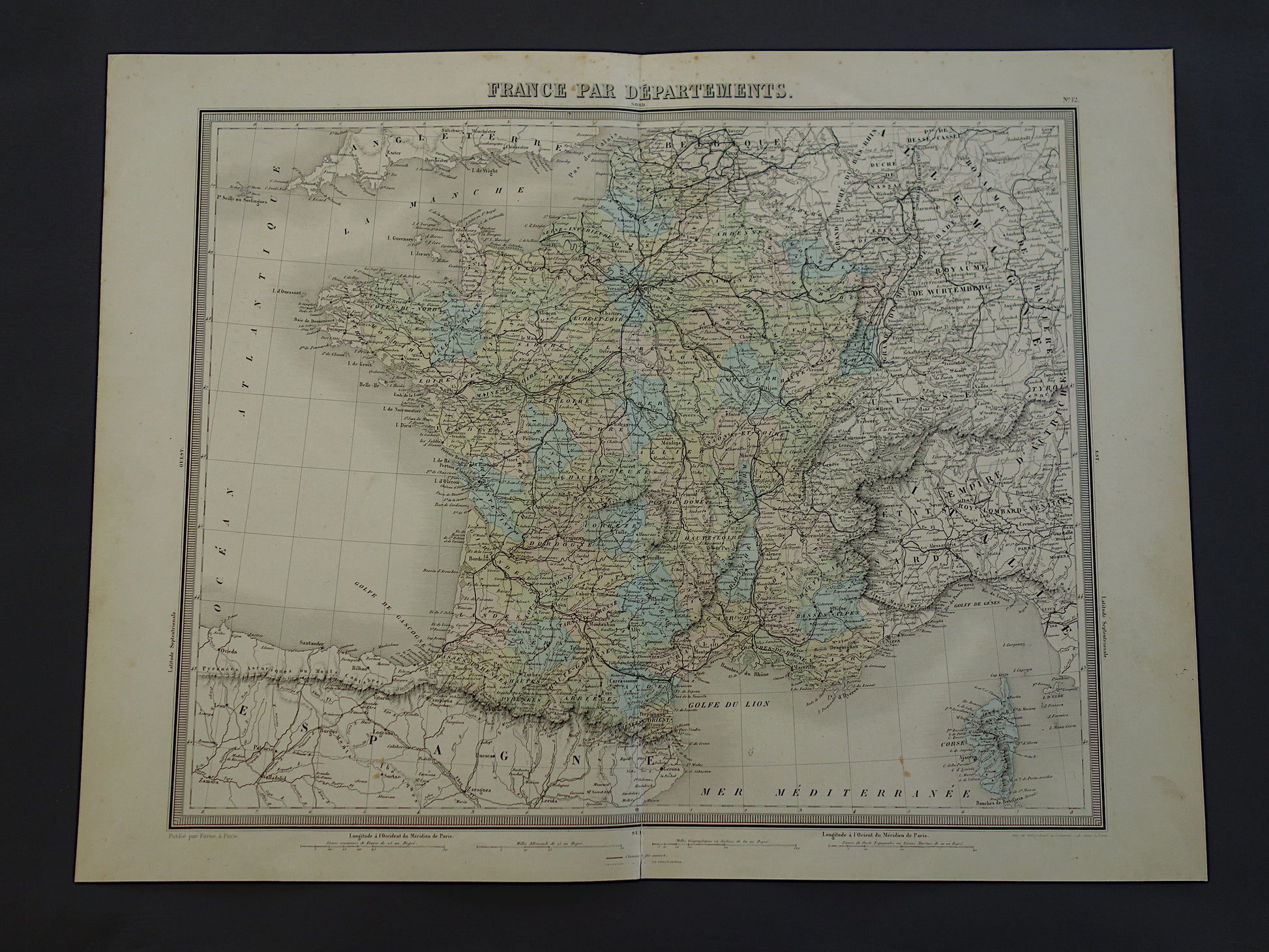 FRANKRIJK Grote antieke kaart departementen in Frankrijk 1858 originele oude landkaart