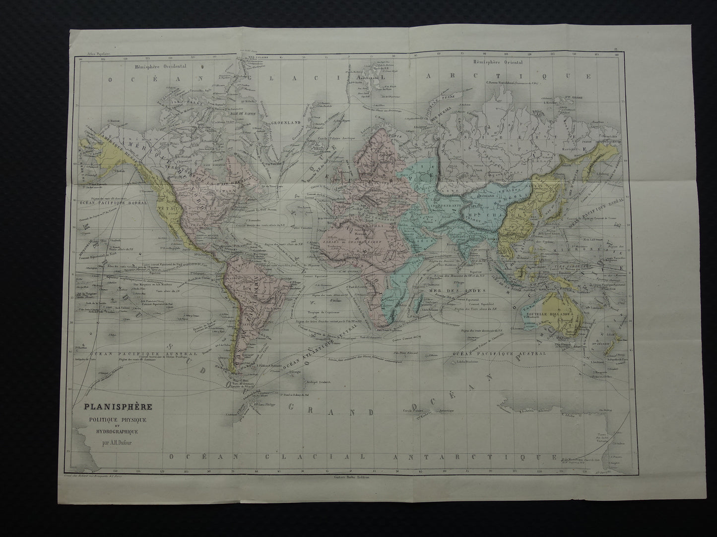Old world map from 1858 original antique hand-colored French map