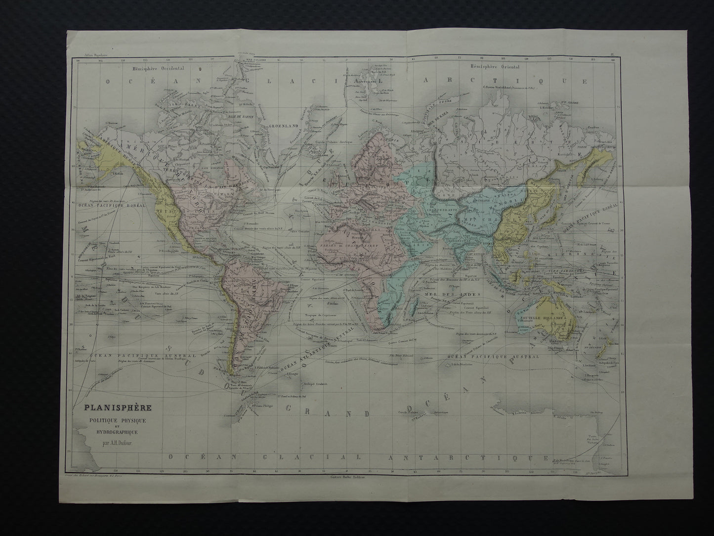 Old world map from 1858 original antique hand-colored French map