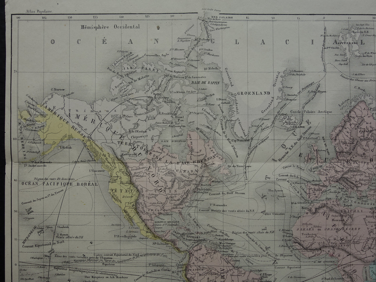 Old world map from 1858 original antique hand-colored French map