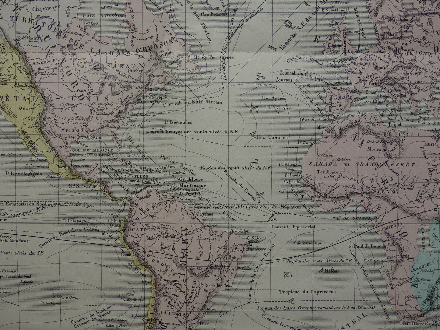 Old world map from 1858 original antique hand-colored French map