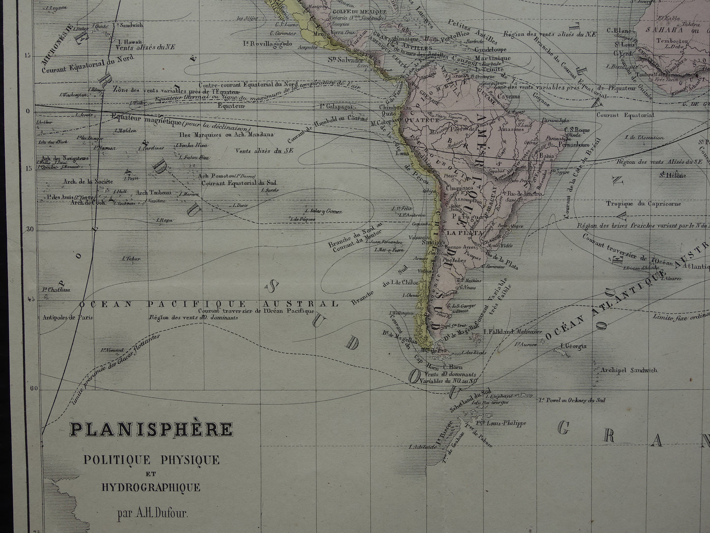 Old world map from 1858 original antique hand-colored French map