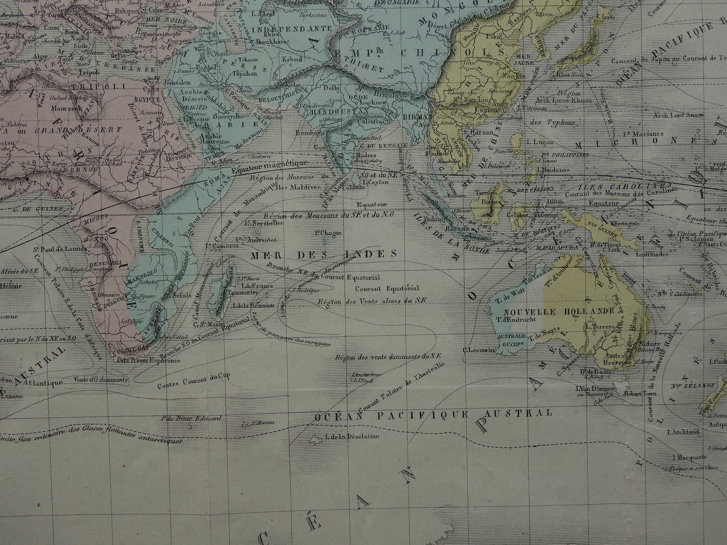 Old world map from 1858 original antique hand-colored French map