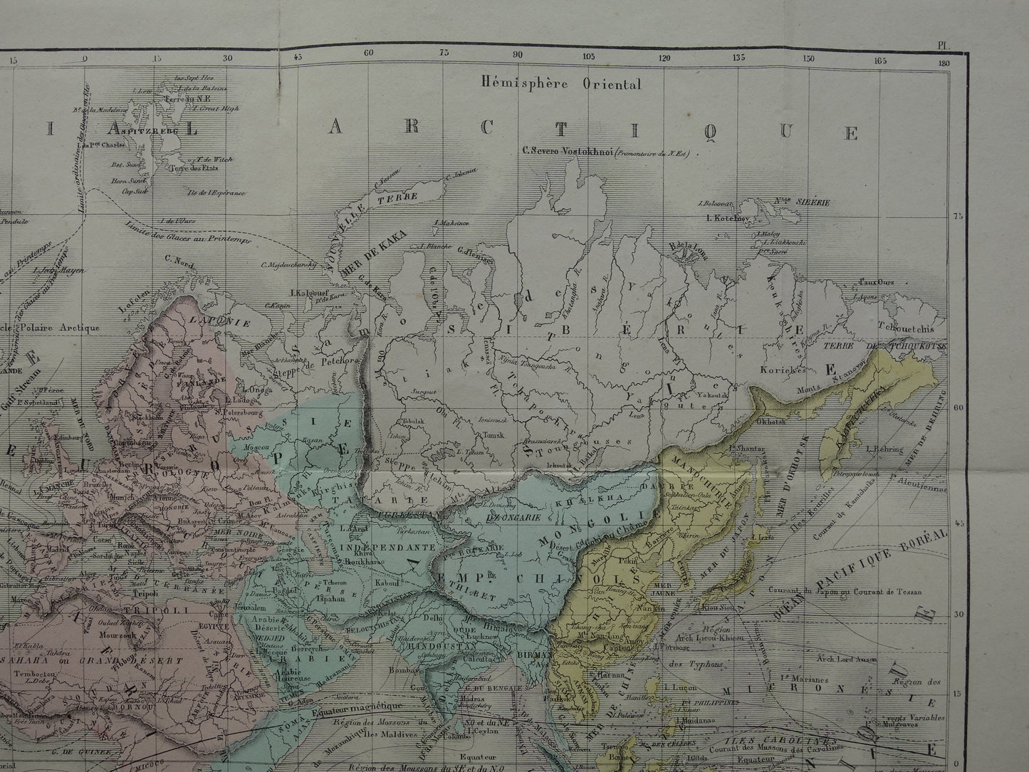Old world map from 1858 original antique hand-colored French map