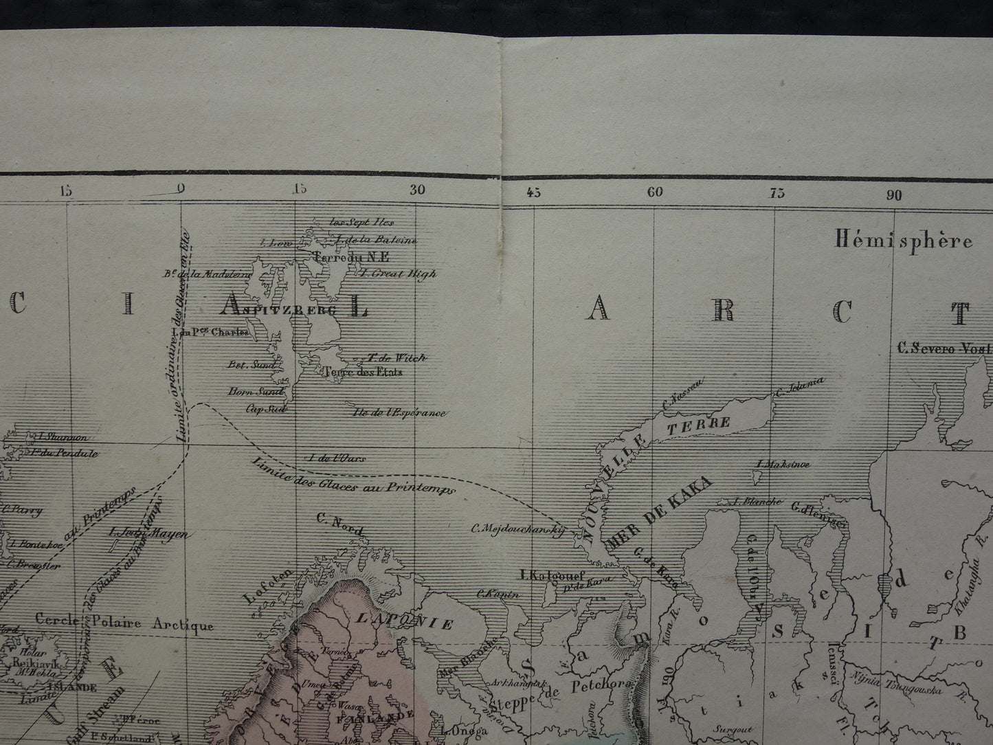 Old world map from 1858 original antique hand-colored French map