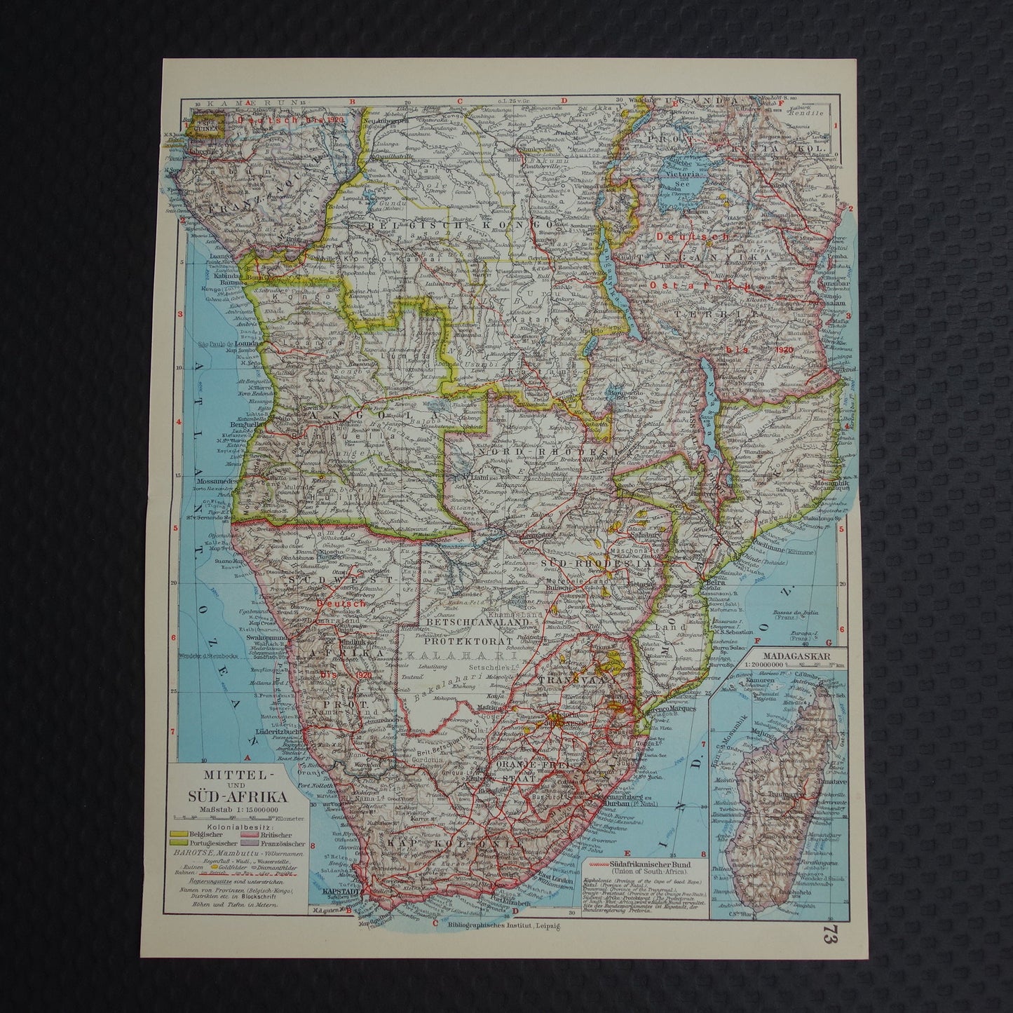 Oude kaart van Zuidelijk Afrika in 1928 originele historische landkaart van Zuid-Afrika Madagaskar Angola Namibië Botswana Tanzania Congo Mozambique Zambia