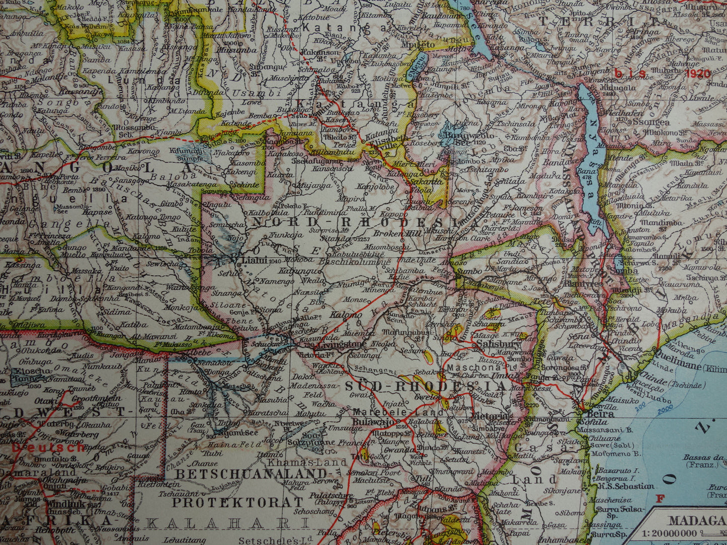 Oude kaart van Zuidelijk Afrika in 1928 originele historische landkaart van Zuid-Afrika Madagaskar Angola Namibië Botswana Tanzania Congo Mozambique Zambia